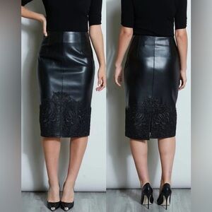 Elie Tahari Vegan Leather Applique Lace Skirt black Size 10 NWT